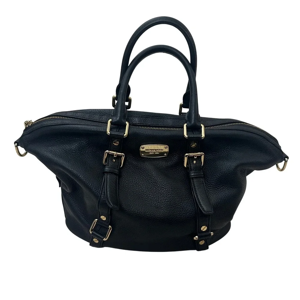 Michael Kors Black Pebbled Leather Satchel‎ Bag Gold Hardware Large Tote Handbag